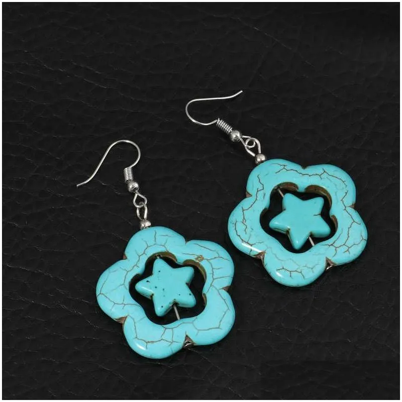 womens stars and flowers tibetan silver turquoise charm earrings gstqe030 fashion gift national style women diy earring