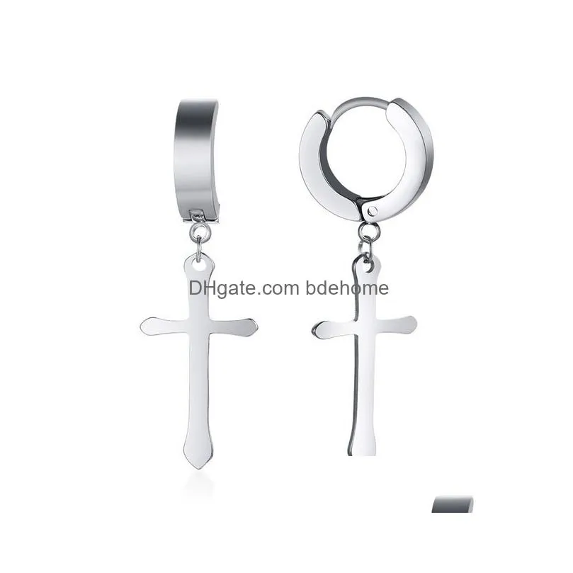 black gold silver color drop earrings for women men punk small circle with cross stainless steel drop earring uni