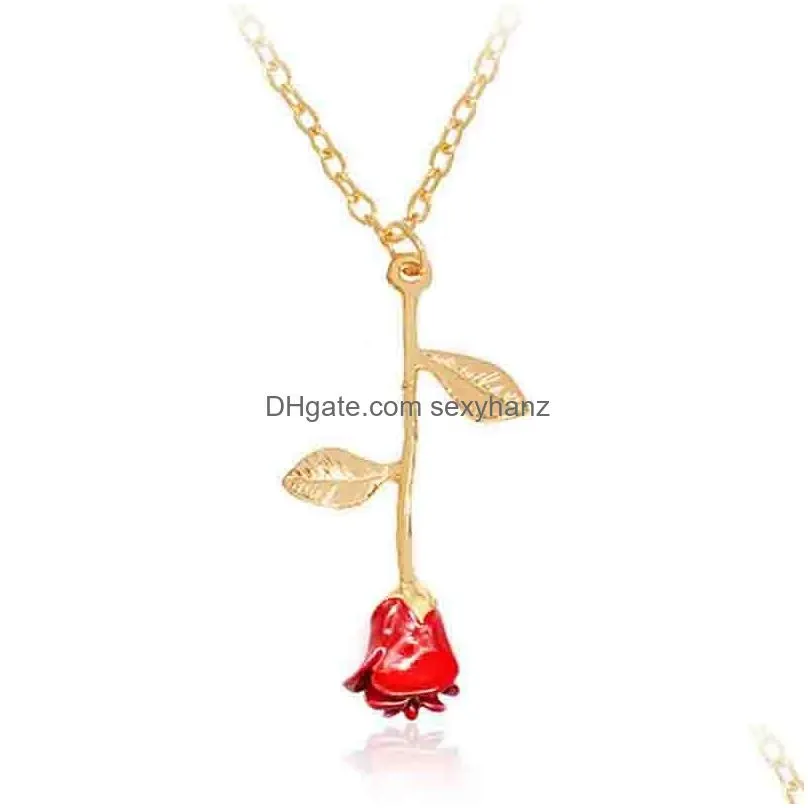 enamel red rose flower necklace silver rose gold flower pendant chains fashion necklace for women jewelry 2020 