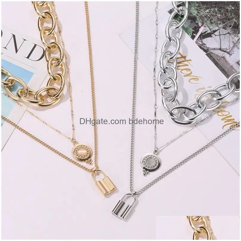 hot selling accessories punk lockshaped long chain necklace fashion disc opal multilayer sweater chain thick gold necklace