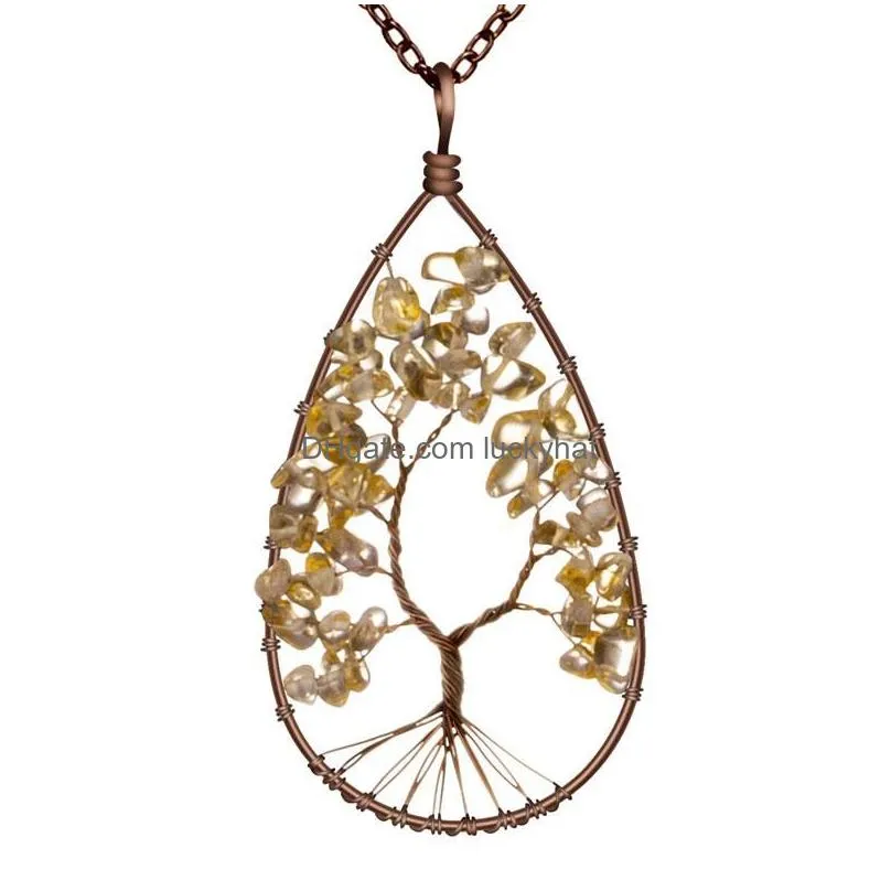 new fashion natural crystal stone tree of life water drop handmade pendant necklaces jewelry gift for men women with chain