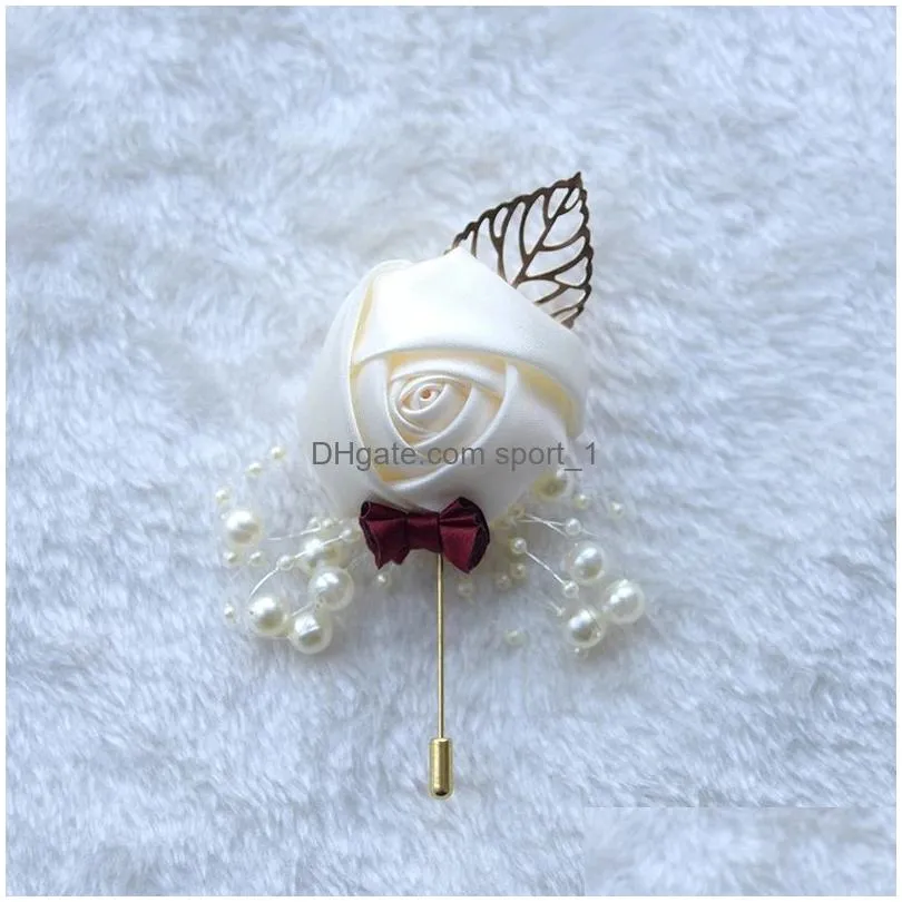  ceremony wedding prom corsage flower rose brooch pin pearl bow bride groom flower boutonniere satin ribbon accessory gift