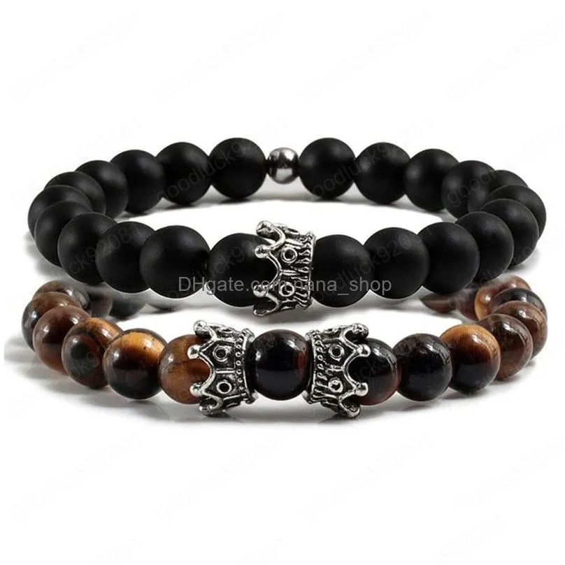 2pcs/set natural tiger eye stone couple bracelets strands women charm metal crown black beaded bracelet bangles for men