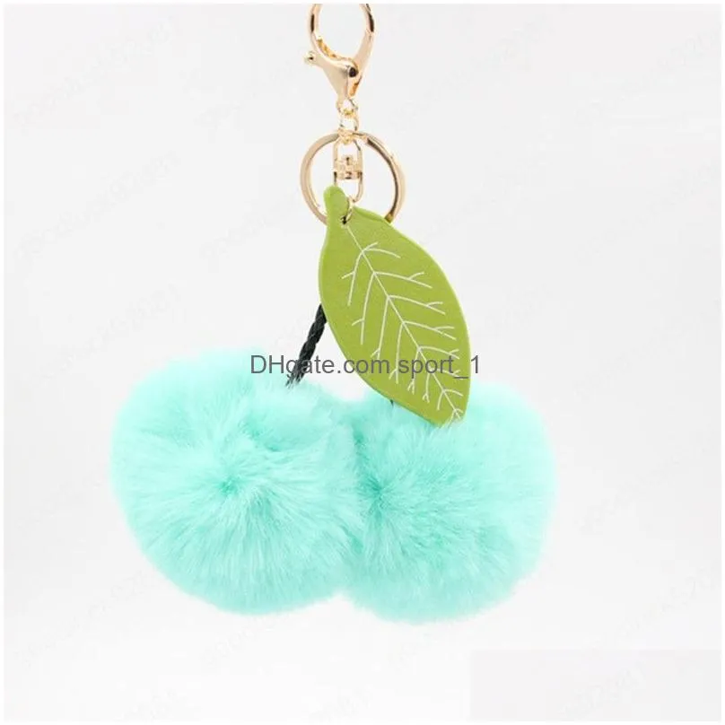 cute fluffy faux rabbit fur ball pompom keychain cherry gold key chain pom pom keyring bag charms wedding trinket