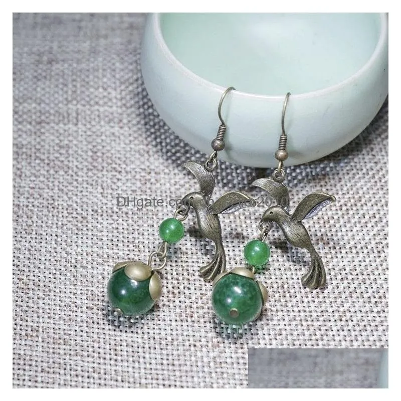 vintage ethnic jewelry fly birds dangle earrings fashion chalcedony beads vintage earrings green new stones ethnic earrings