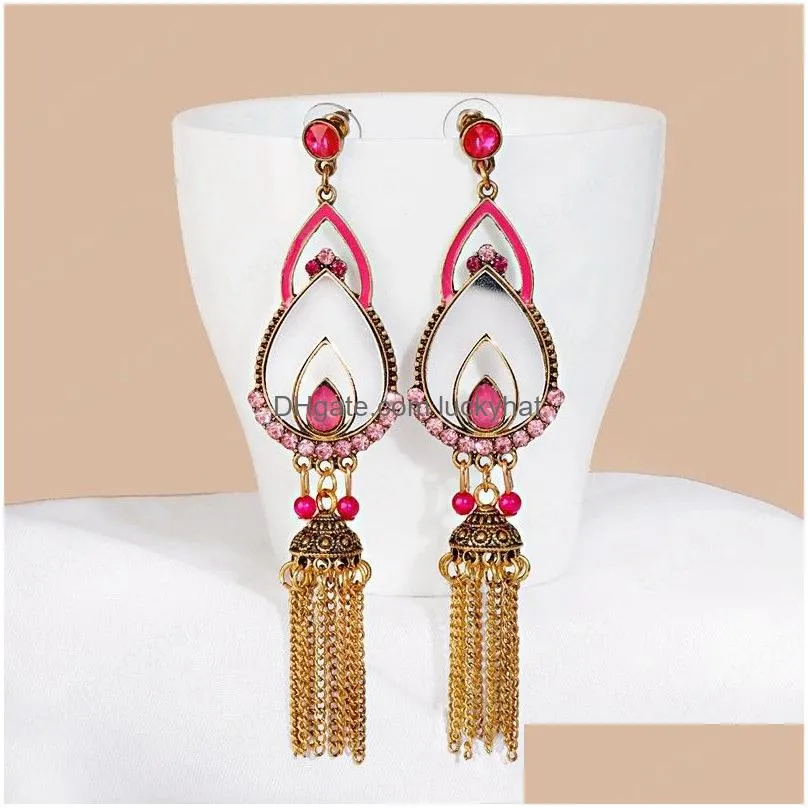 ethnic indian crystal dangle earrings for women retro long tassel earring hangling jewelry
