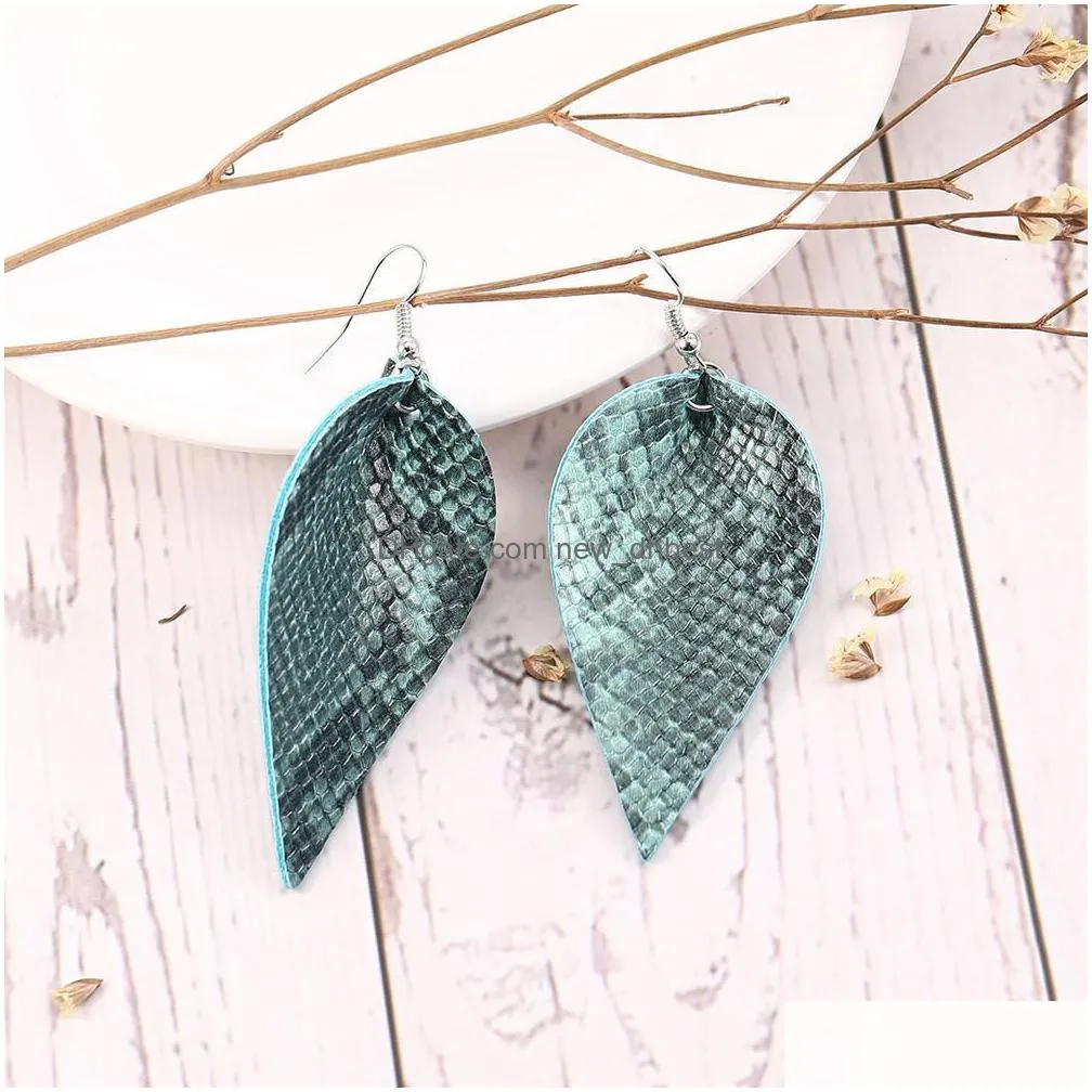 new snake skin pu leather earrings light weight leather leaf petal dangle earrings for ladies girls boho double side hook earring