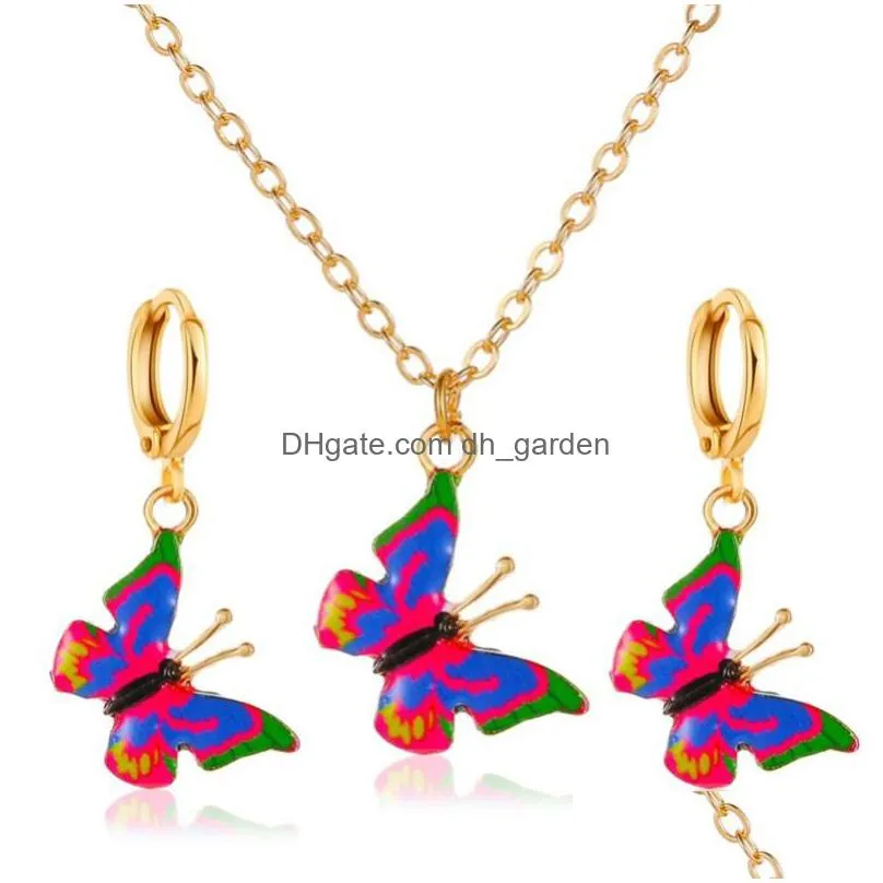 necklace earrings set blue red yellow multicolor butterfly sleeper dangle earring pendant alloy for women