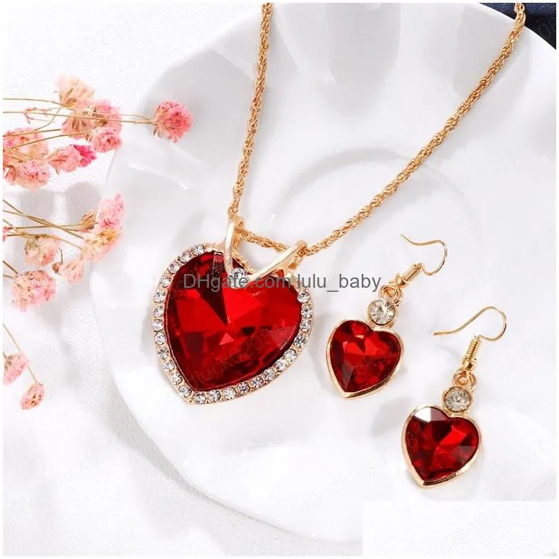 love heart crstal jewelry sets for women rhinestone necklace drop earrings wedding bridal party jewelry