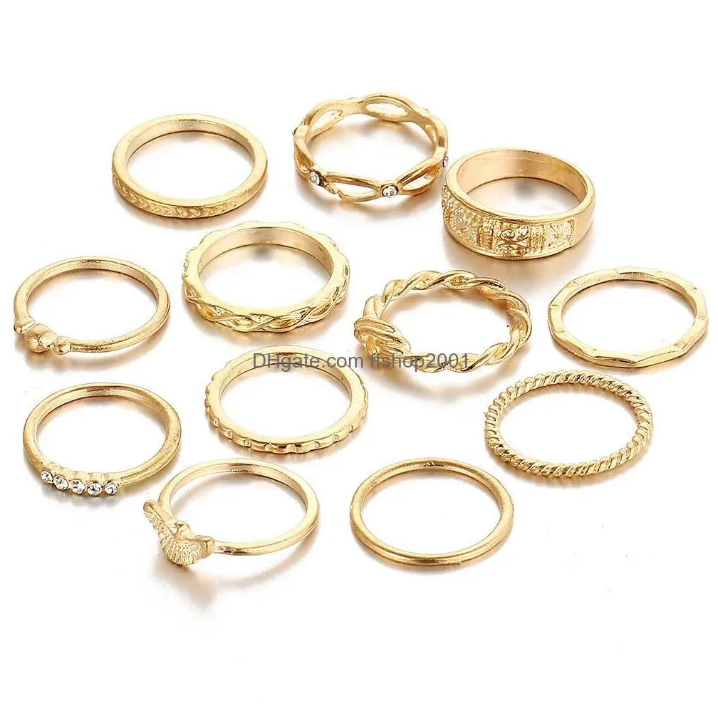 12 pcs/lot boho retro ring set for women crystal rhinestone gold plated fashion ring set vintage bohemia style jewelry factory