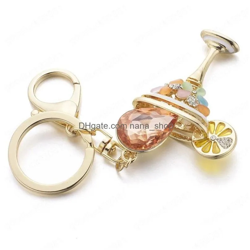 wine glass cup lemon goblet key ring chains holder fashion crystal bag buckle pendant for car keyrings keychains