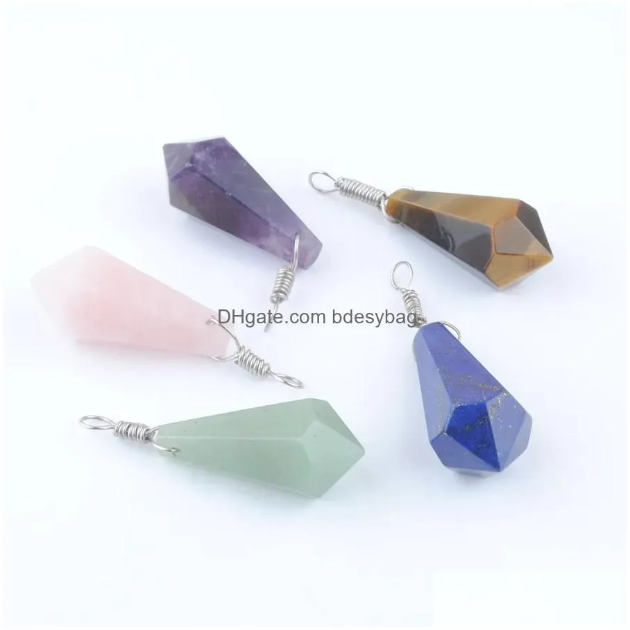 natural stone pendants wicca hexagon beads pendulum jewelry amethysts aventurine crystal opal quartz bn449