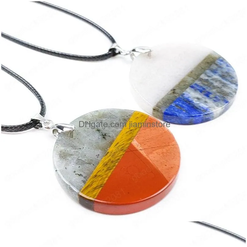 natural stone round stitching plate pendant labradorite energy balance healing reiki crystal lapis red jasper diy necklace