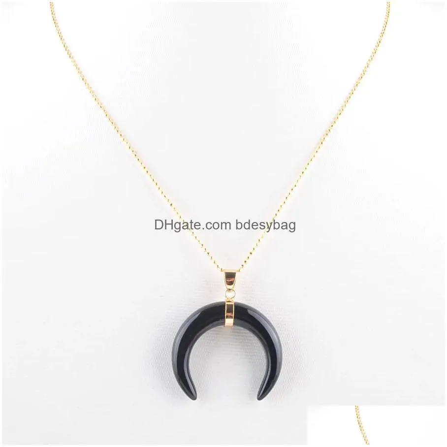 natural stones crescent moon necklaces pendants pink quartz black agates stone gold color reiki women jewelry chain 45cm bn328