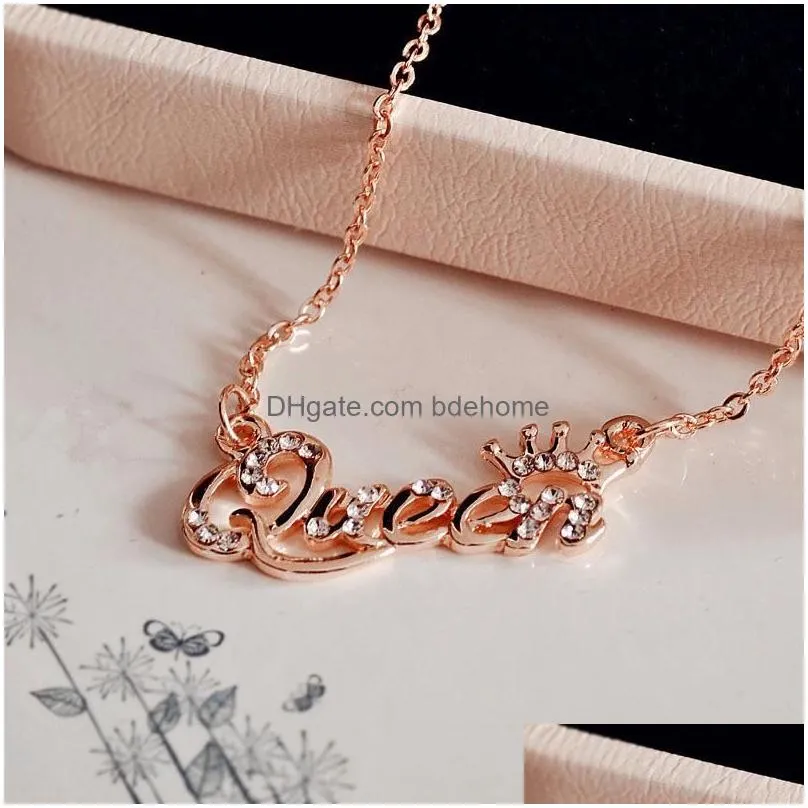 elegant letter queen pendant necklace gold silver rose gold rhinestone clavicle chain necklaces for women lady jewelry gift