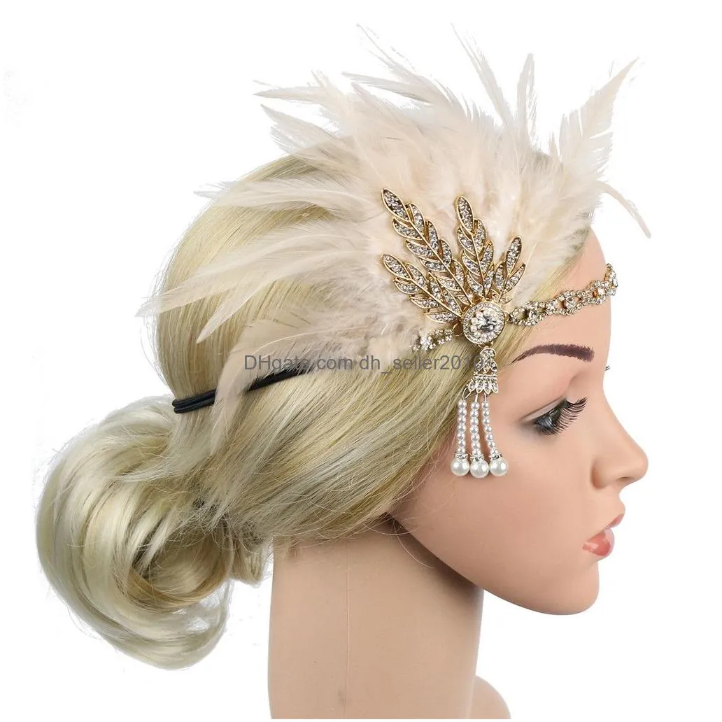 vintage headbands fascinators with feather for women elegant rhinestones feather party hair headband beaded hair bands