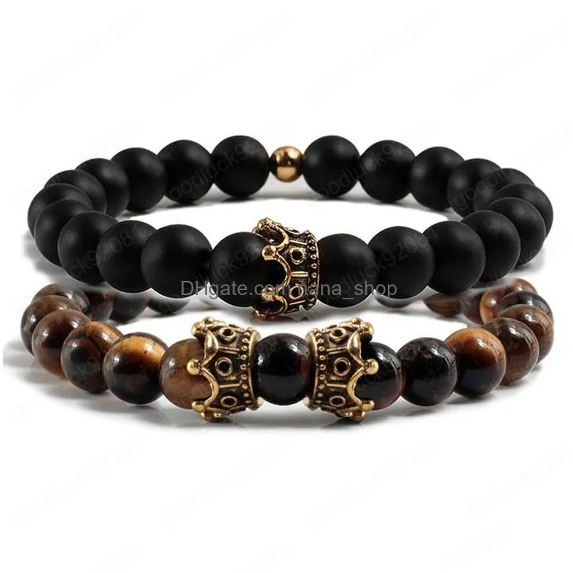 2pcs/set natural tiger eye stone couple bracelets strands women charm metal crown black beaded bracelet bangles for men