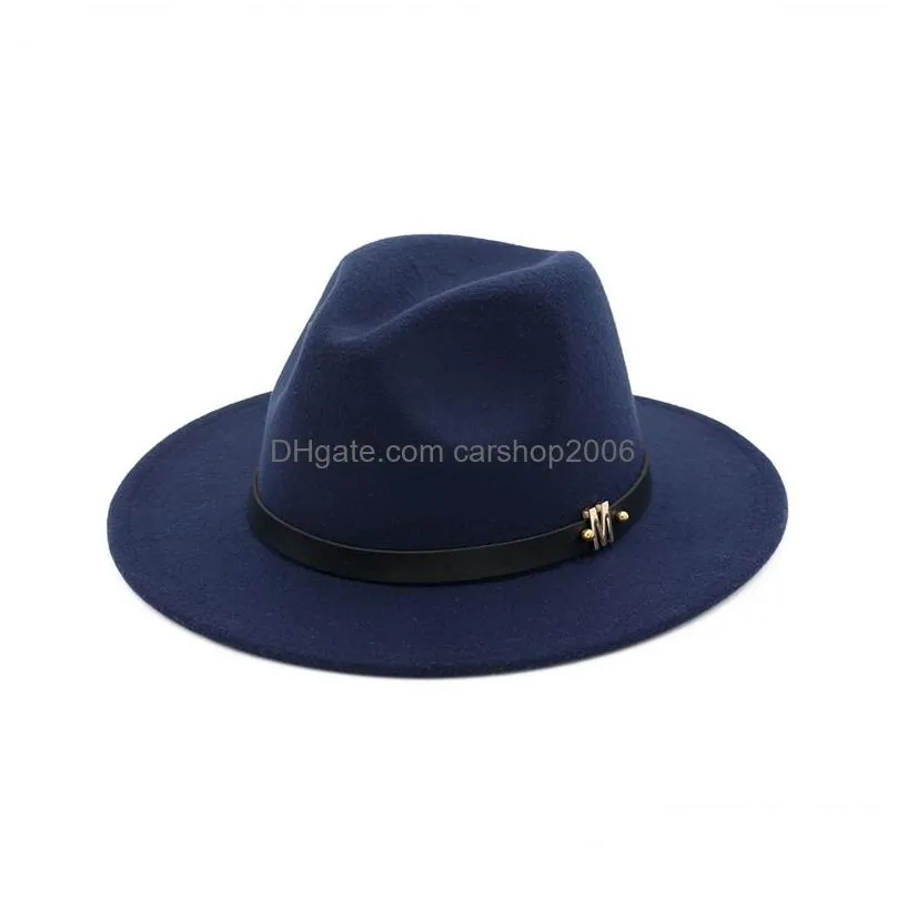 men women wool panama felt hat wide brim jazz fedora hats black m letter leather band decorated formal hat trilby