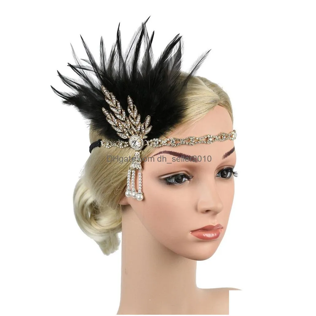 vintage headbands fascinators with feather for women elegant rhinestones feather party hair headband beaded hair bands