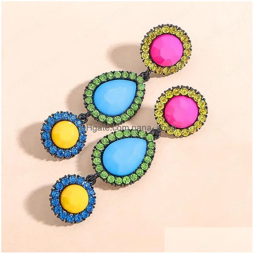 colorful teardrop dangle earrings long metal acrylic rhinestone geometric pendant drop earrings for women jewelry