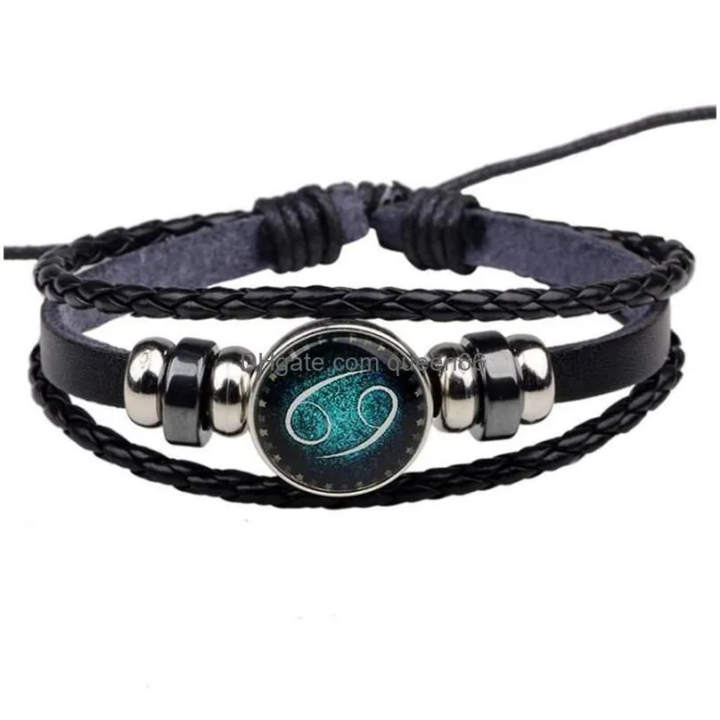 genuine leather bracelet 12 zodiac blue dry constellations lovers woven bangles beads charm bracelet lover bracelets for gift