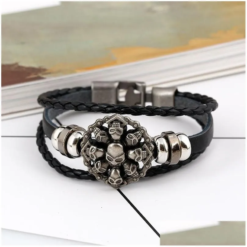 buttoned braided bracelet skull leather necklace gsfb423 mix order slap snap bracelets
