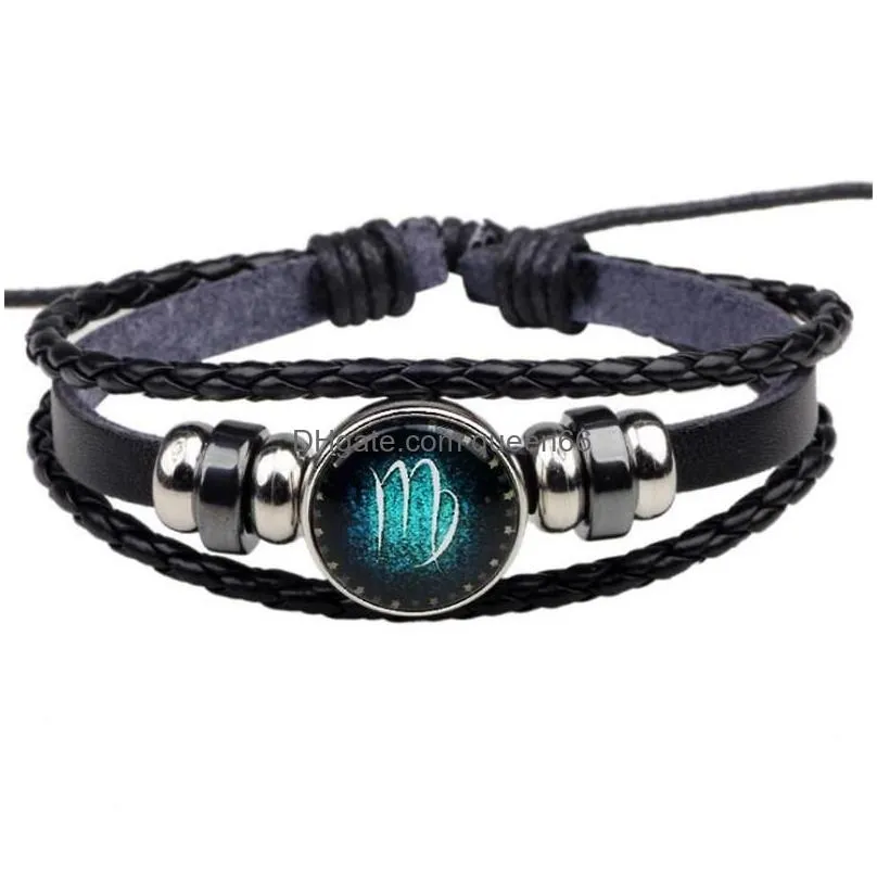 genuine leather bracelet 12 zodiac blue dry constellations lovers woven bangles beads charm bracelet lover bracelets for gift