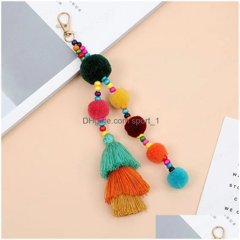 boho style colorful keychains wooden beads pompom key ring with rainbow tassel jewelry for women