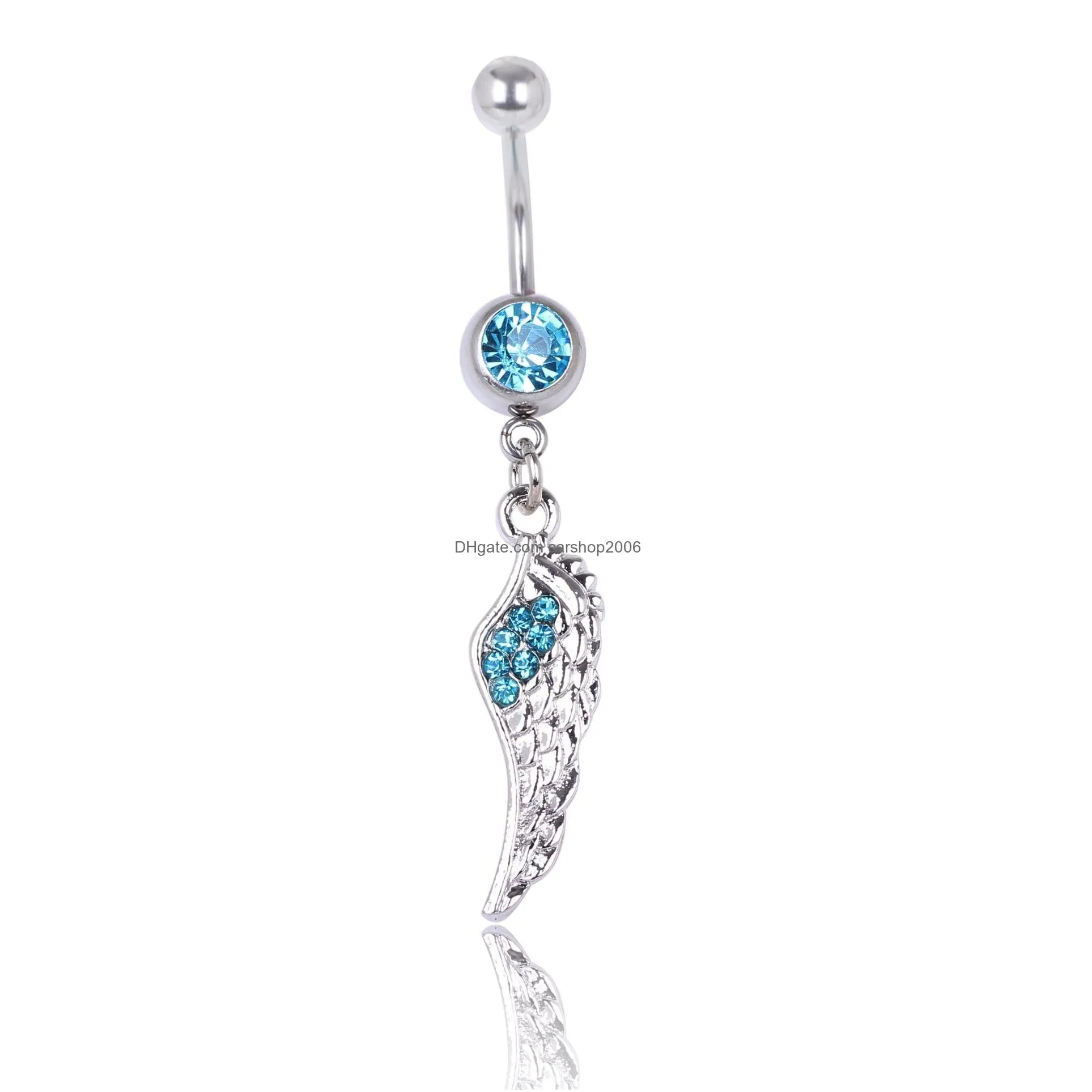 feather wing navel button ring clear aqua pink colors rhinestone piercing body jewlery 1.6x10x8/5 belly ring 3 colors