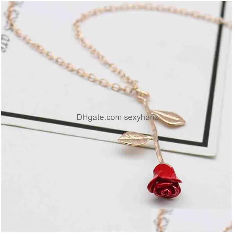 enamel red rose flower necklace silver rose gold flower pendant chains fashion necklace for women jewelry 2020 