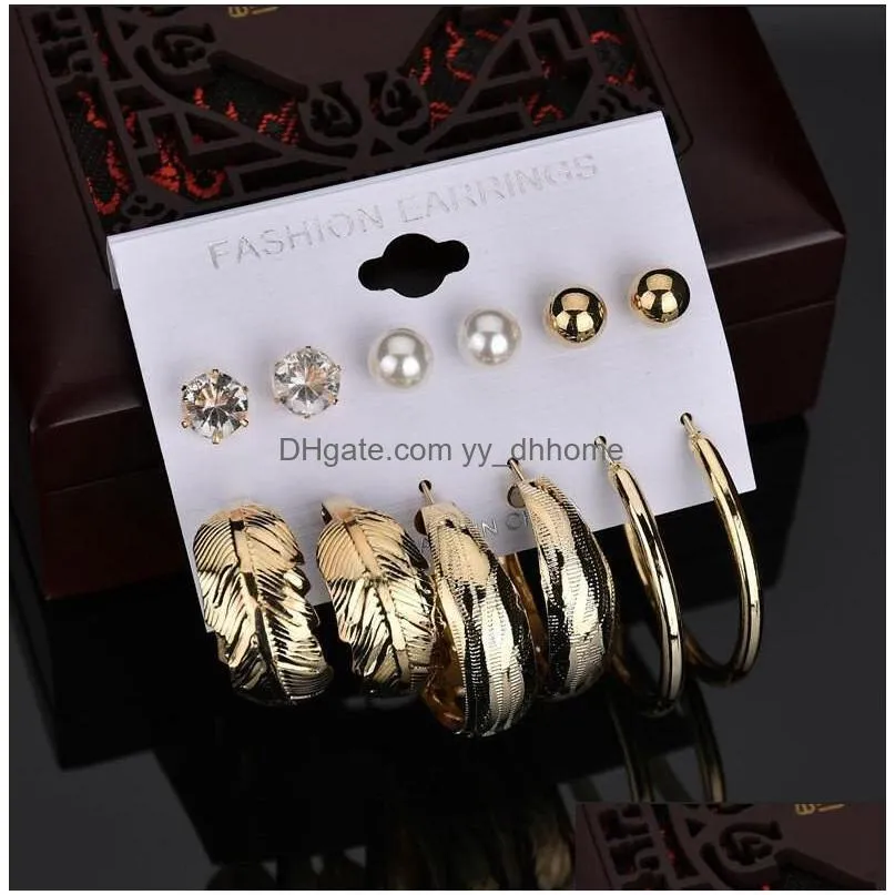  vintage 6pairs sets silver/ gold color mix pearl ear stud circle oversize earring set for women wide statement hoop earring