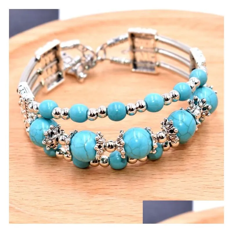 threelayer beads tibetan silver turquoise tennis bracelets gstqb039 fashion gift national style women mens diy bracelet