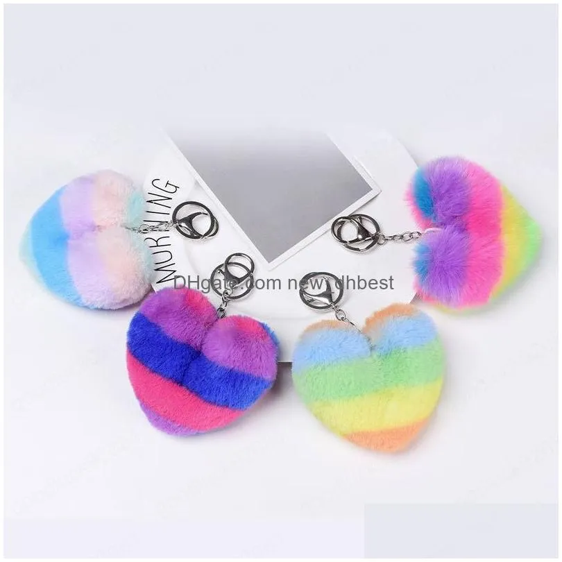 stylish rainbow love shape ball keychain holder bag charm ornament cute plush pompom car key ring bags trinket chirstmas gift