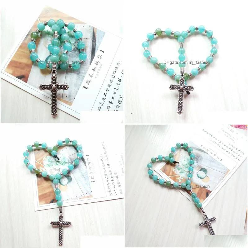 car pendant blue acrylic beads strand cross pendant bracelet religious jewelry