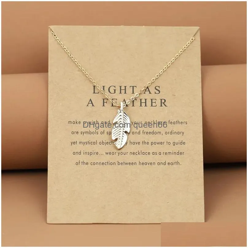 fashion light as feather leaf pendant gold plated necklace woman alloy womens choker mens necklaces jewelry with letters wish card