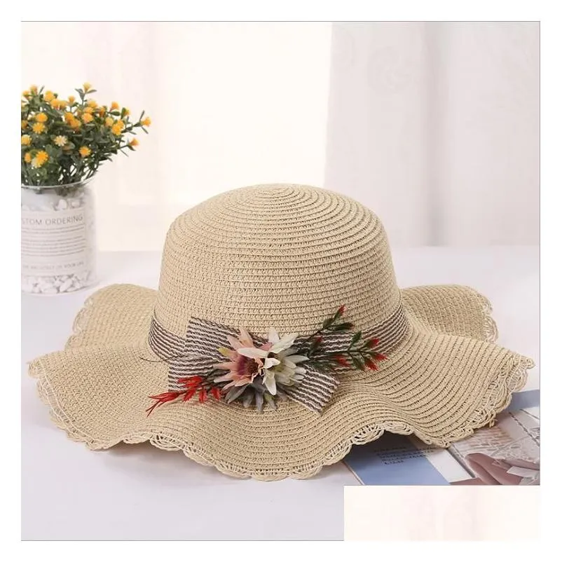 summer parentchild ladies hat flowers gscm073 outdoor sunscreen straw hat with wavy edge and big edge caps wide brim hats