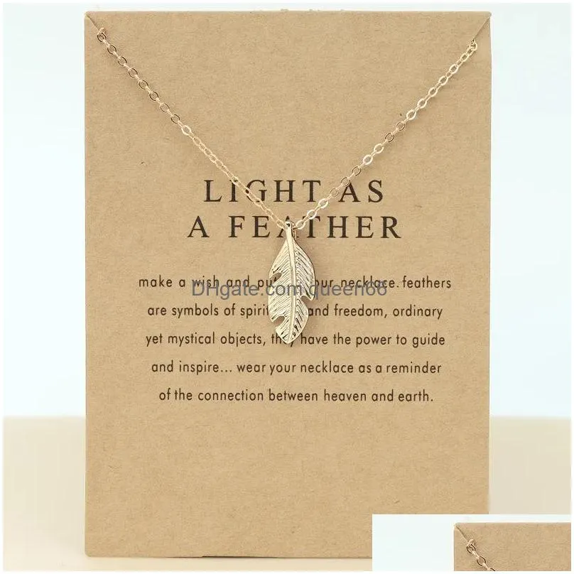 fashion light as feather leaf pendant gold plated necklace woman alloy womens choker mens necklaces jewelry with letters wish card