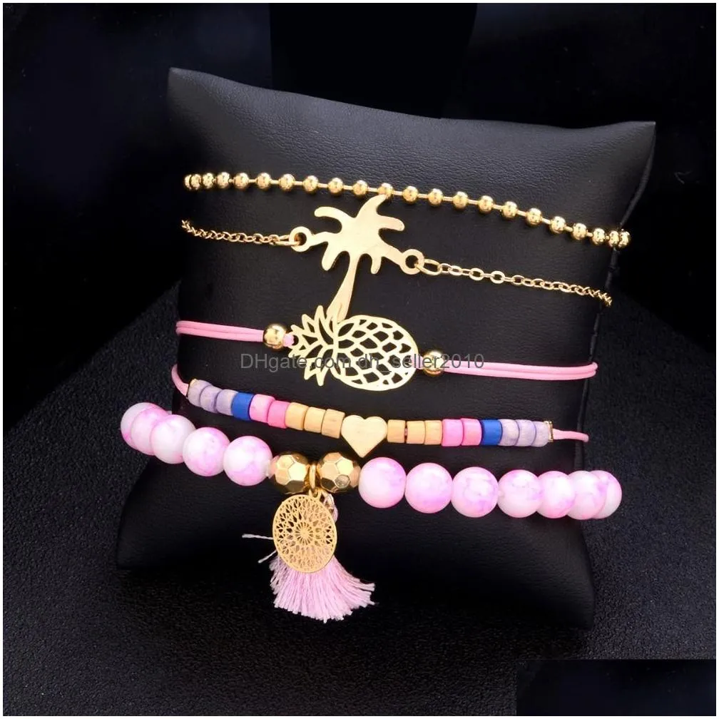 5 pcs/set boho women pineapple tassels dreamcatcher heart coconut tree chain bead leather bracelet set charm fashion accessories
