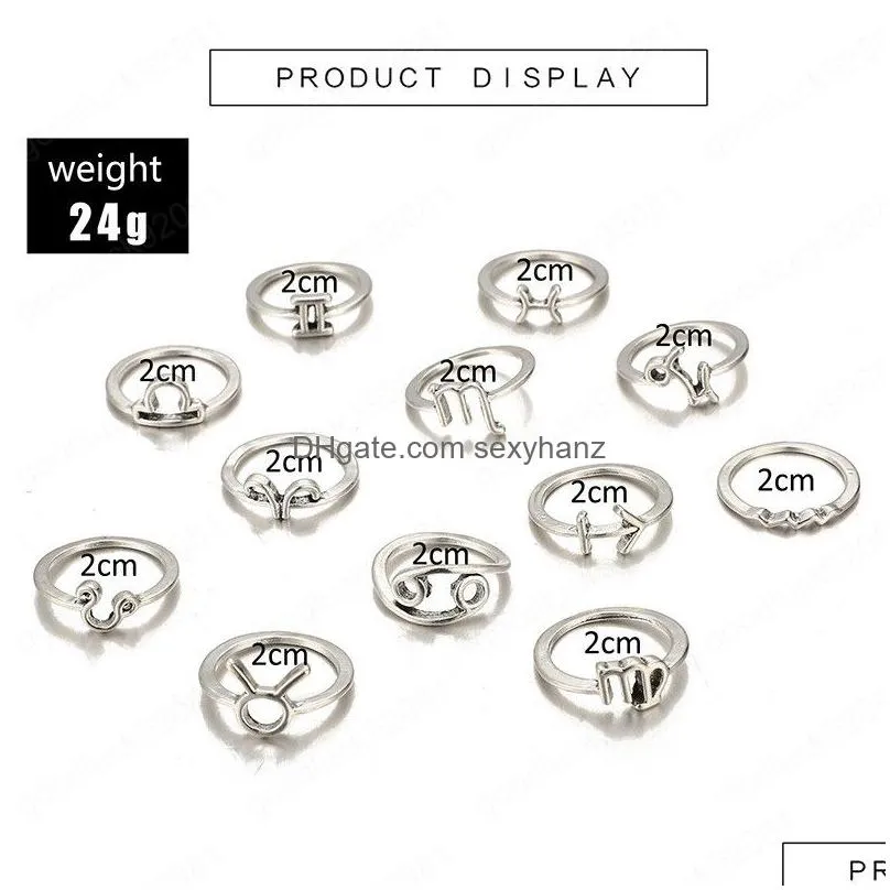 12 pcs/set bohemian twelve constellations ring for women vintage silver color midi finger ring party jewelry anniversary gift