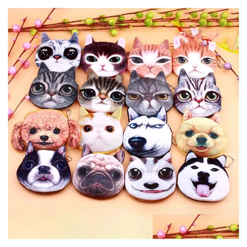 3d cat dog face plush coin purse pouch cute puppy pug head zipper closure wallet cartoon animal bag pendants charm m3962