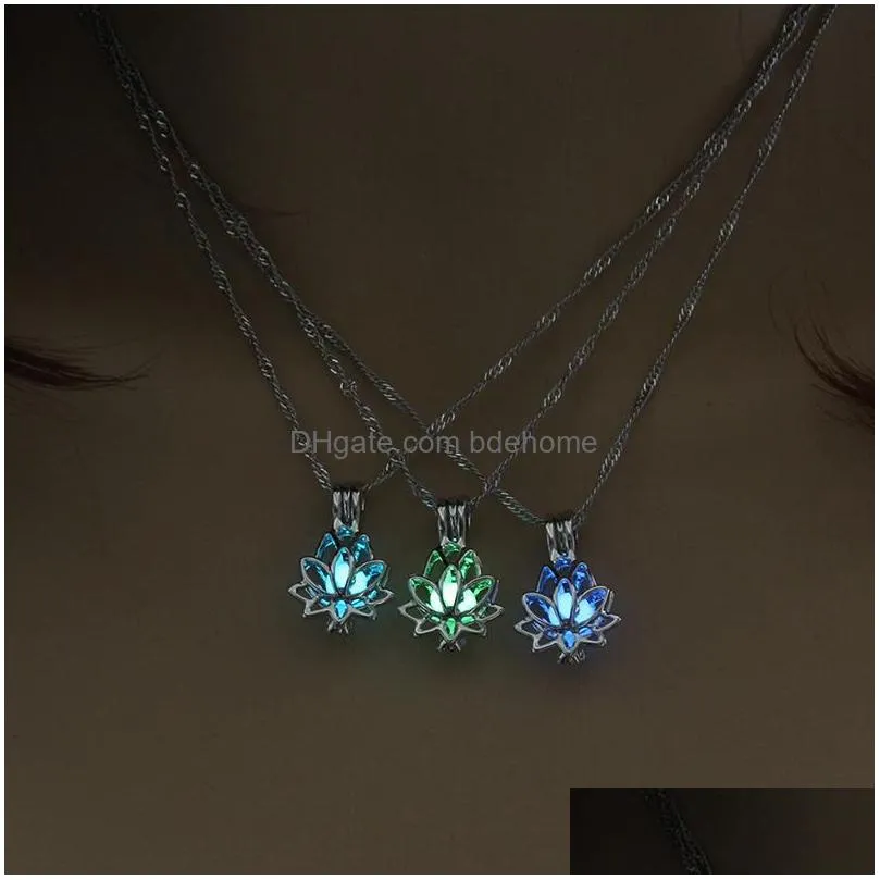 glow in the dark lotus flower necklaces for women hollow open luminous beads cages locket pendant chains fashion jewelry gift