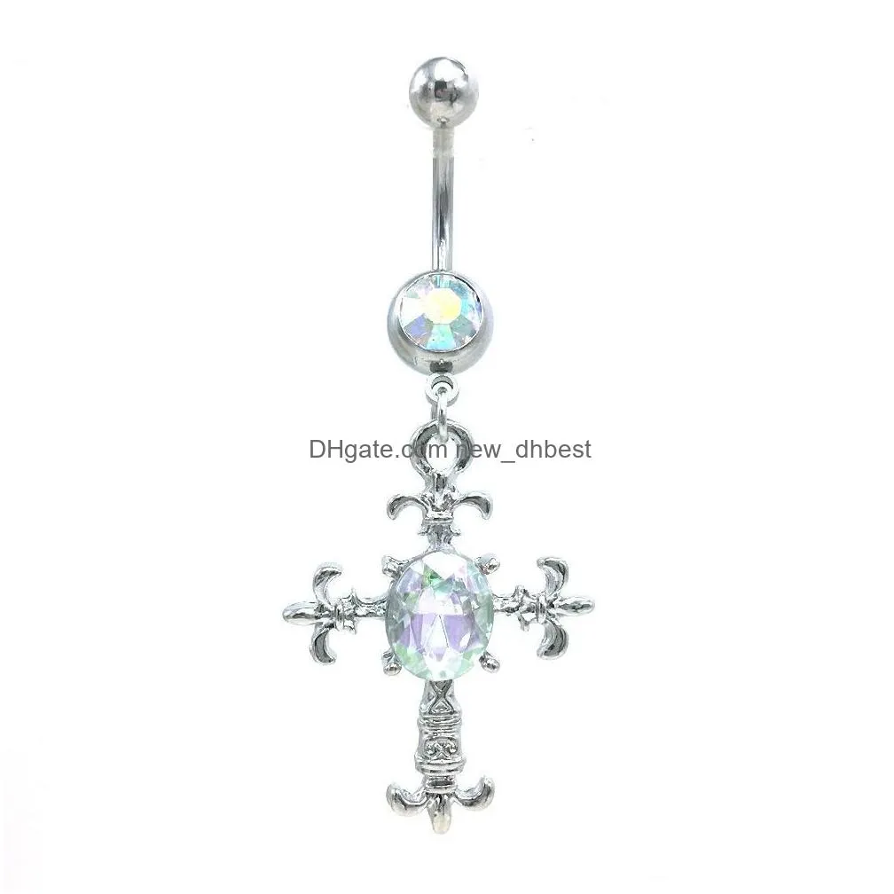 fashion crystal cross belly button rings 316l stainless steel barbells dangle cross navel rings piercing jewelry