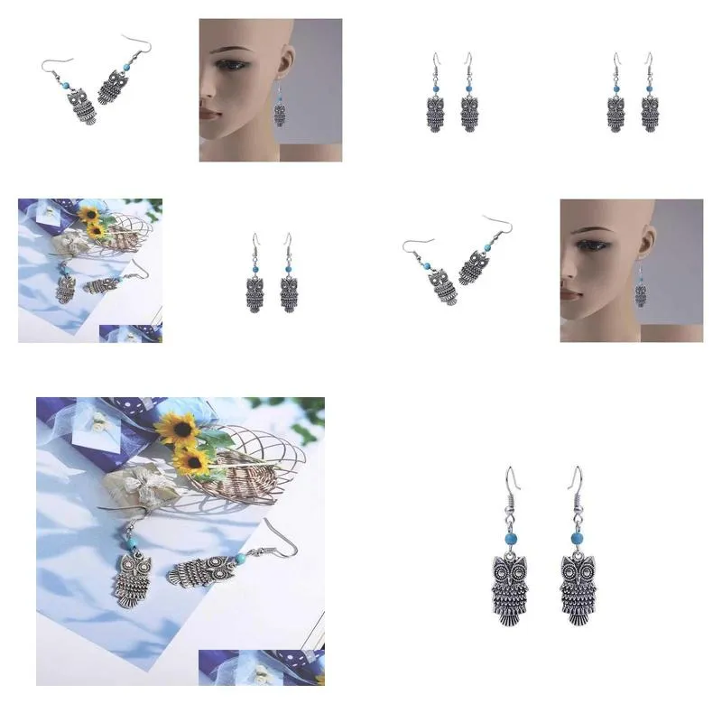 womens owl tibetan silver turquoise charm earrings gstqe042 fashion gift national style women diy earring