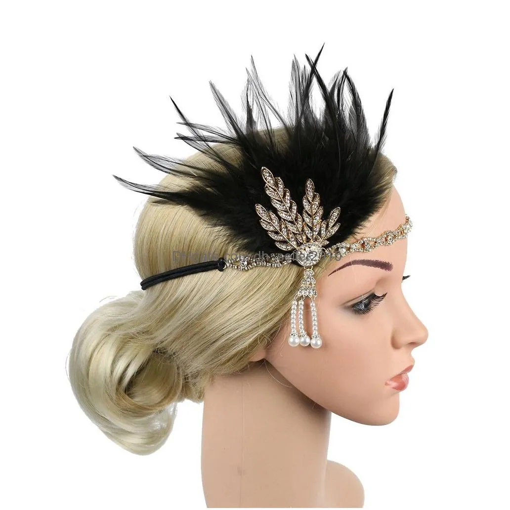 vintage headbands fascinators with feather for women elegant rhinestones feather party hair headband beaded hair bands