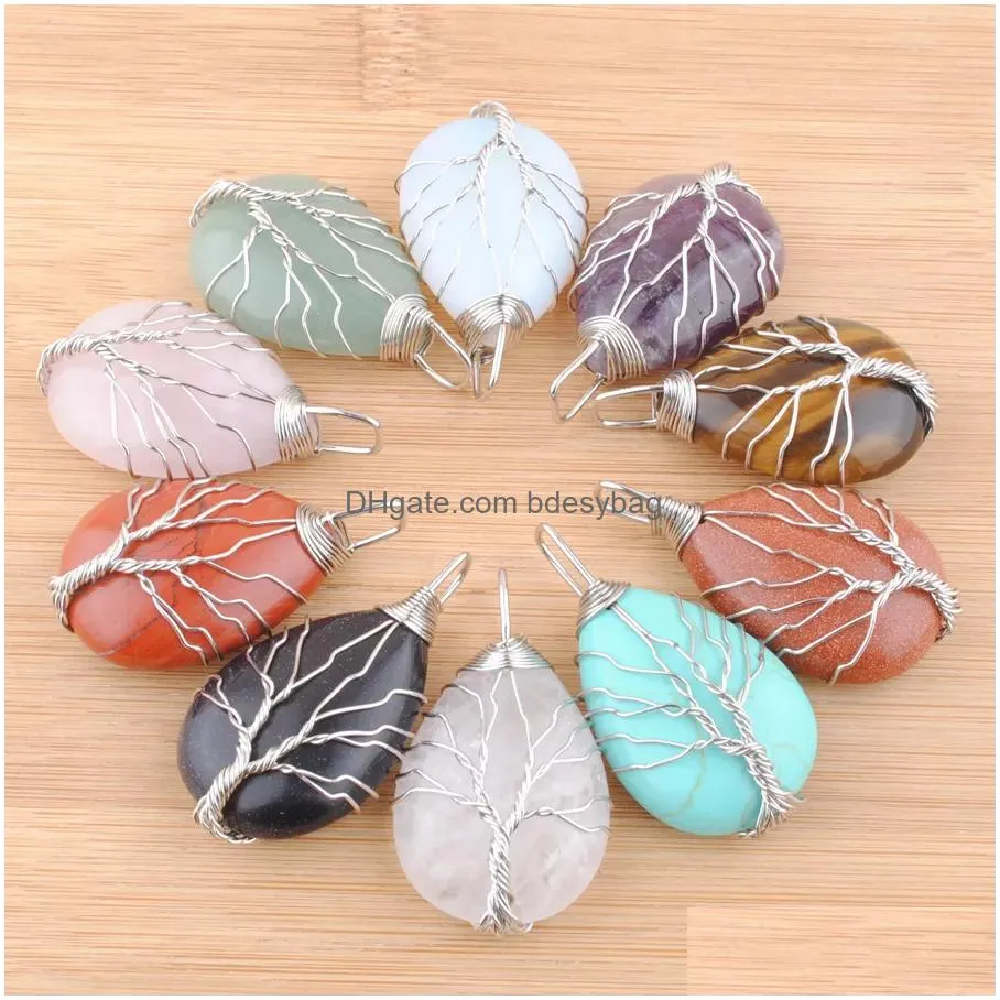 fashion water drop tree of life pendants silvers color wire wrap weave natural stone beads charms reiki jewelry bn442