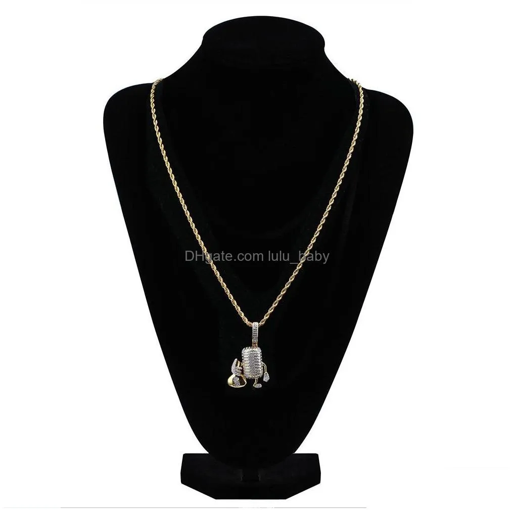 hip hop copper microphone holding money bag iced out cubic zircon pendant necklace men jewelry with rope chain