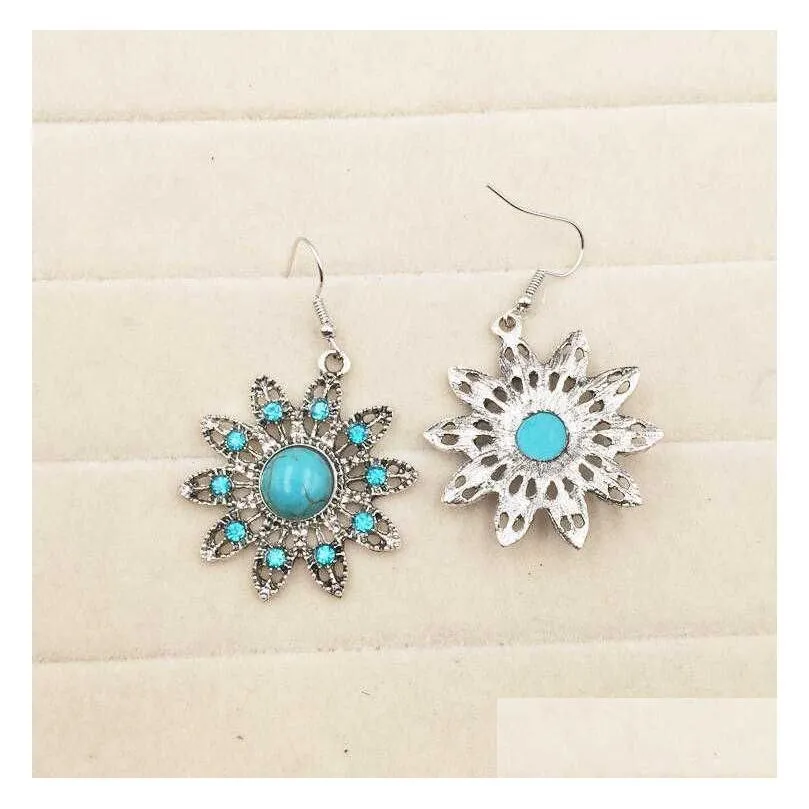 womens sun flower tibetan silver turquoise earrings necklace set gstqs026 fashion gift national style women diy jewelry sets