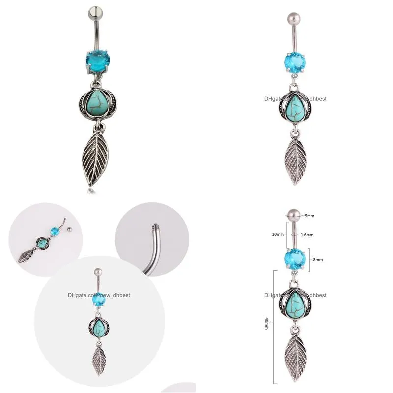 fashion belly button rings 316l stainless steel barbells dangle turquoise ball match feather navel rings piercing jewelry