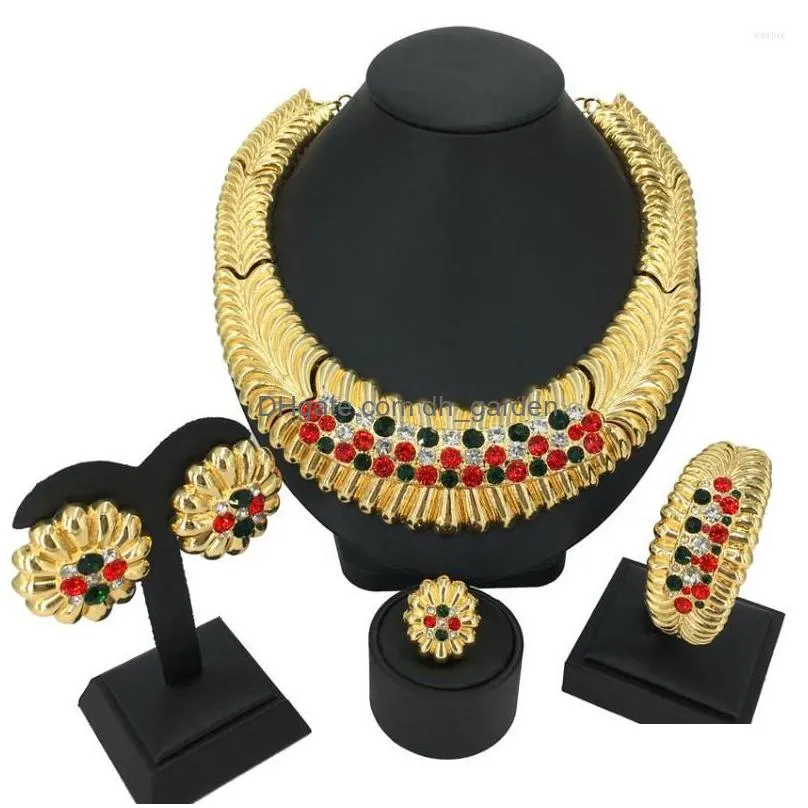 necklace earrings set gold italian big woman jewelry dubai surround shape fashion trend colored stones snake chain fhk13665