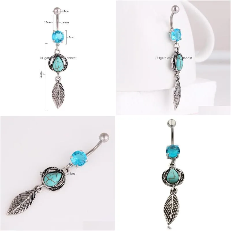 fashion belly button rings 316l stainless steel barbells dangle turquoise ball match feather navel rings piercing jewelry